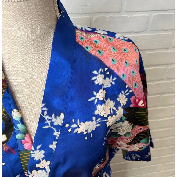 Women's Satin Royal Blue Pink and Cream Floral Bird Kimono Robe Knee Length - Picture 2 of 4
